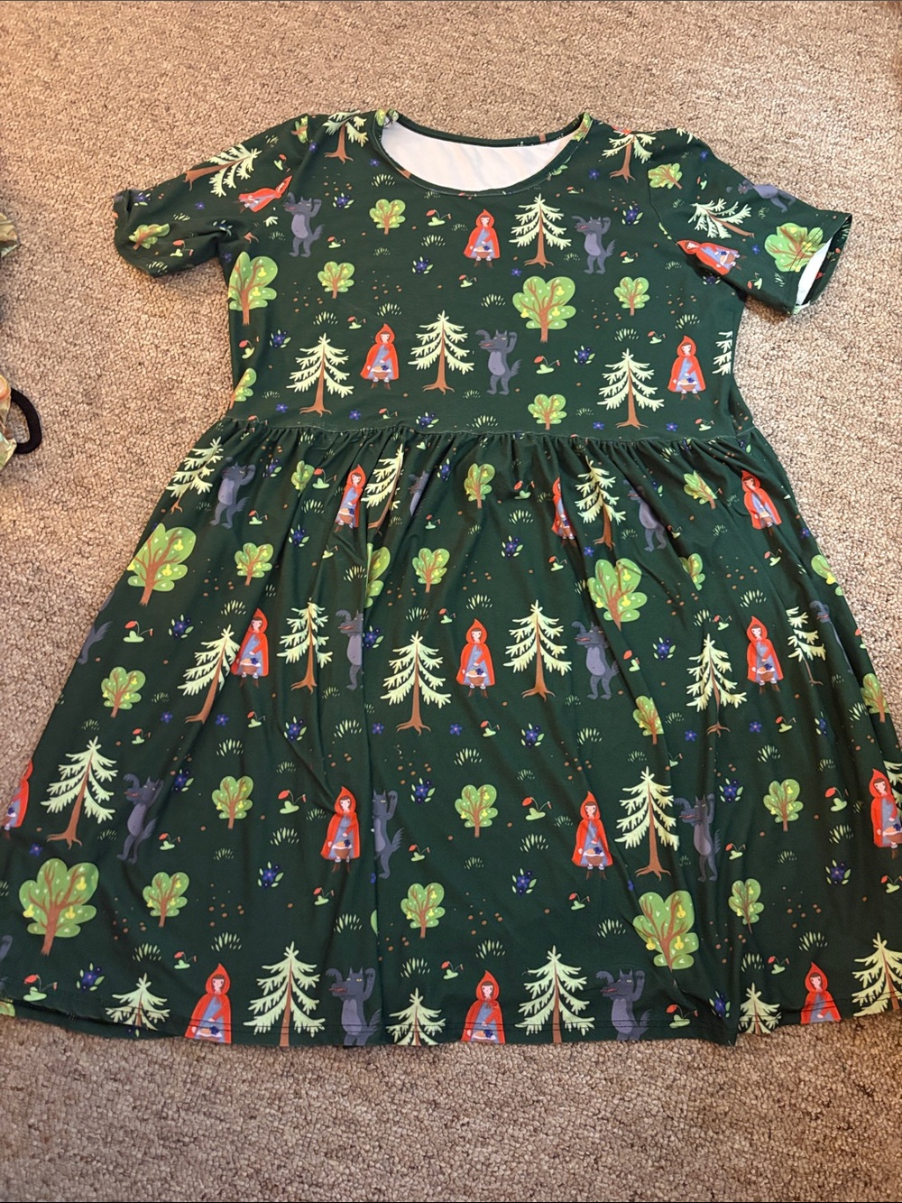 Red Riding Hood Big Bad Wolf Forest Print Dark Green Midi Dress
